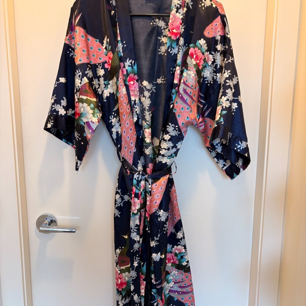 Satin Bath Robe with Floral Peacock Design